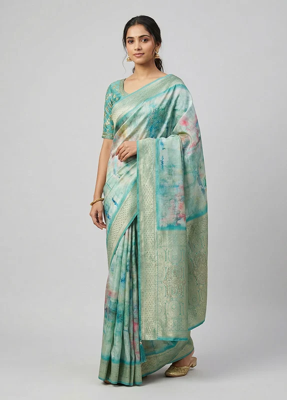 Green Dupion Silk Saree With Blouse Piece One Size