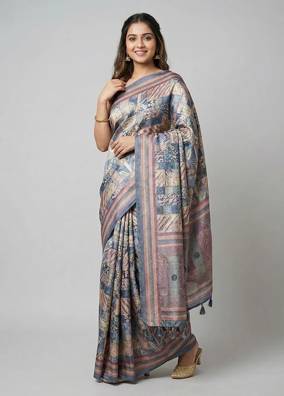 Multicolor Dupion Silk Saree With Blouse Piece One Size