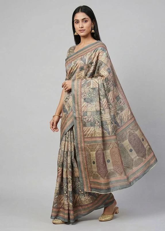 Multicolor Dupion Silk Saree With Blouse Piece One Size