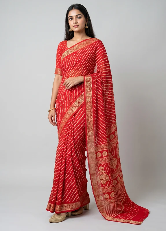 Red Chiffon Silk Saree With Blouse Piece One Size