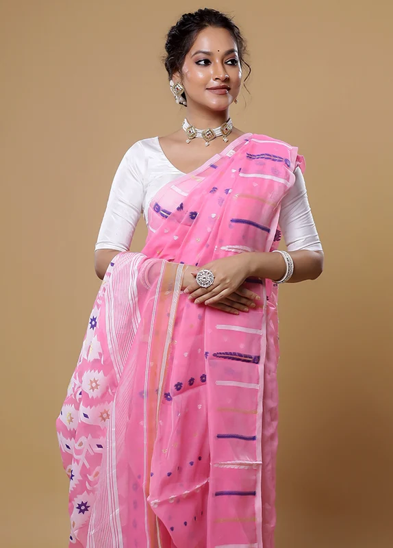 Pink Tant Jamdani Saree Without Blouse Piece Onesize