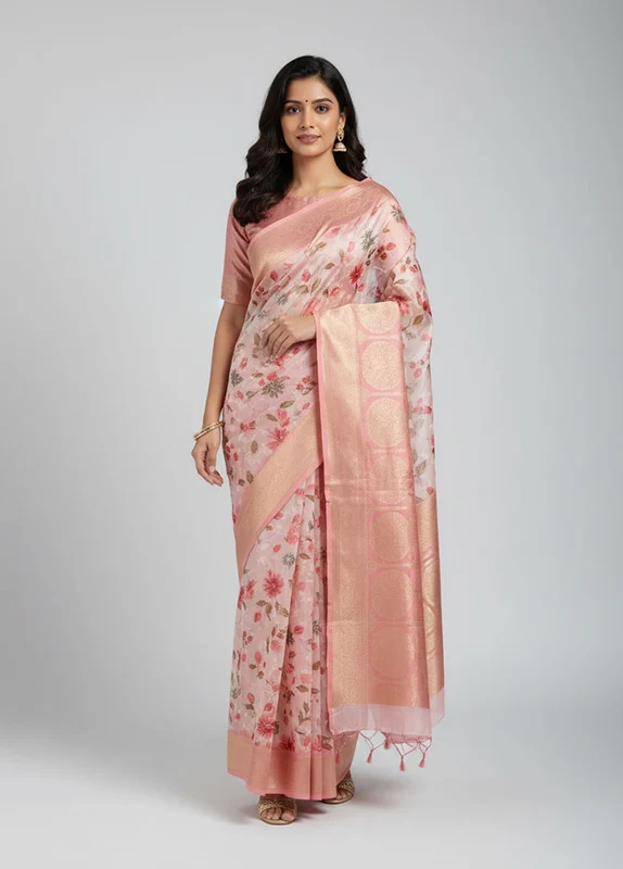 Pink Dupion Silk Saree With Blouse Piece One Size