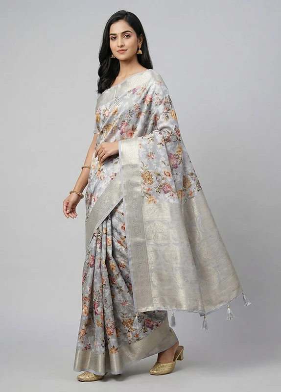 Grey Dupion Silk Saree With Blouse Piece One Size