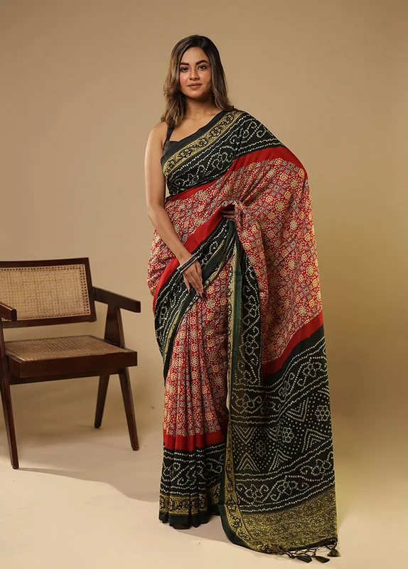 Red Dupion Silk Saree With Blouse Piece One Size