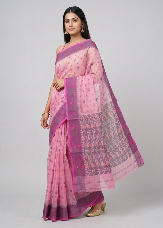 Pink Pure Cotton Jamdani Saree Without Blouse Piece One Size