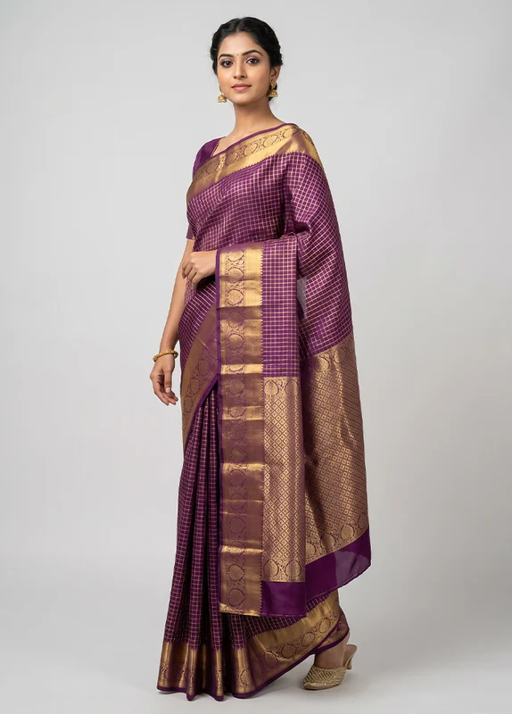 Purple Handloom Kanchipuram Pure Silk Saree With Blouse Piece One Size