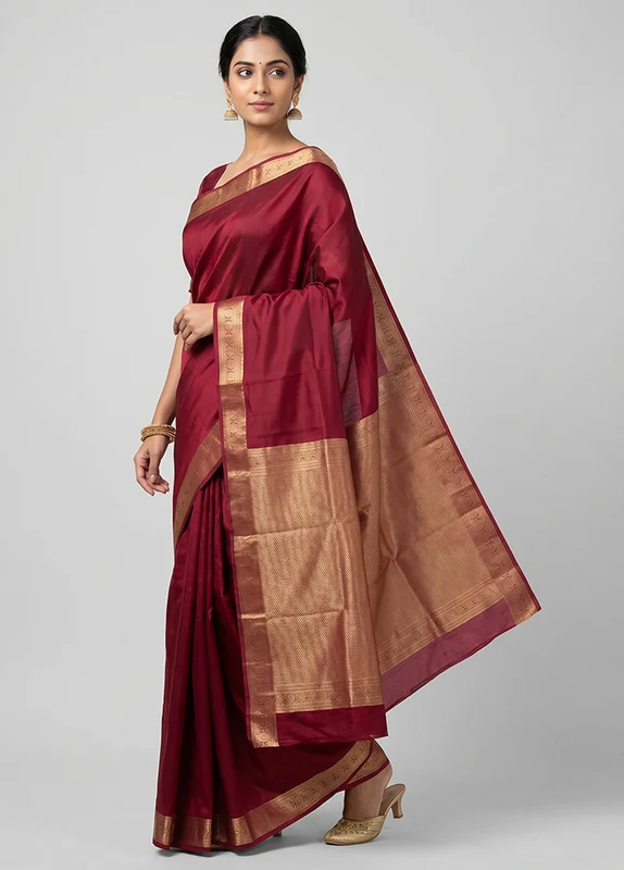 Maroon Handloom Kanjivaram Pure Silk Saree With Blouse Piece One Size
