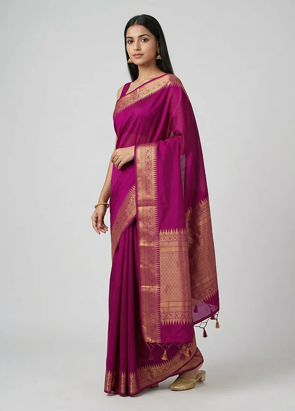 Purple Dupion Silk Saree With Blouse Piece One Size