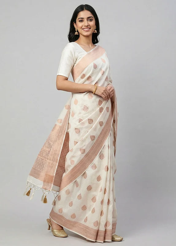 White Dupion Silk Saree With Blouse Piece One Size