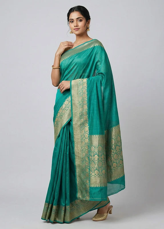 Green Dupion Silk Saree With Blouse Piece One Size