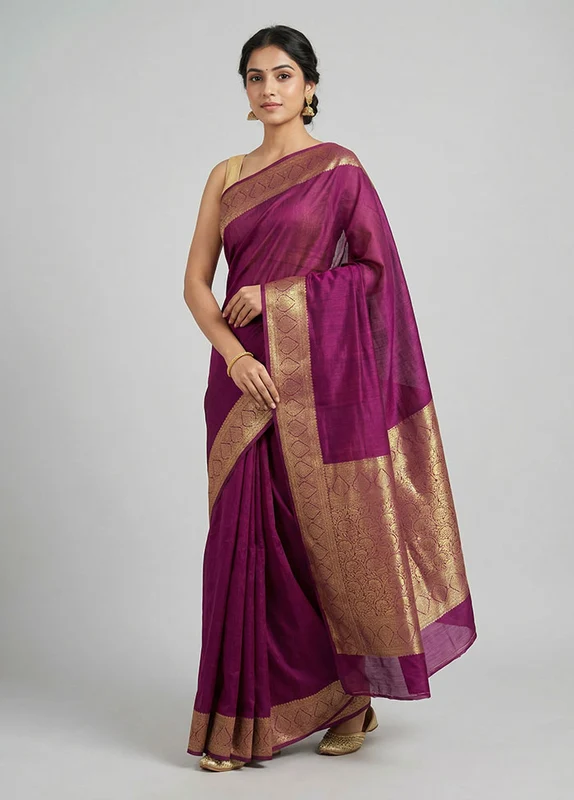 Purple Dupion Silk Saree With Blouse Piece One Size