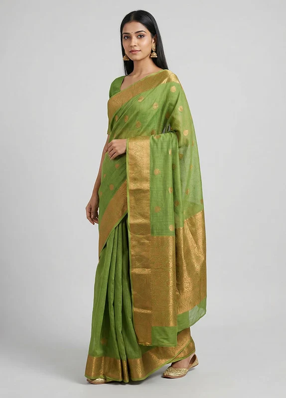 Green Dupion Silk Saree With Blouse Piece One Size