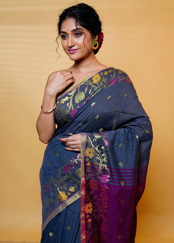 Grey Cotton Saree With Blouse Piece Onesize