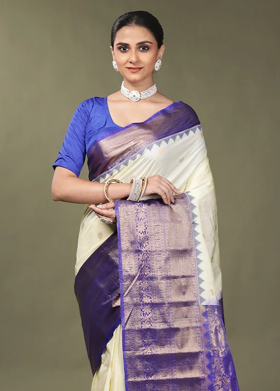 Cream Gadwal Silk Saree Without Blouse Piece Onesize