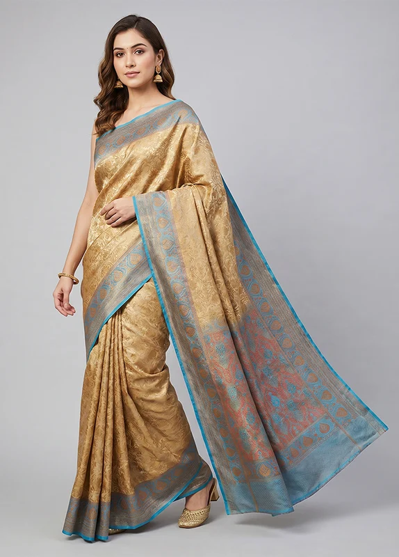 Cream Jamewar Silk Saree With Blouse Piece One Size
