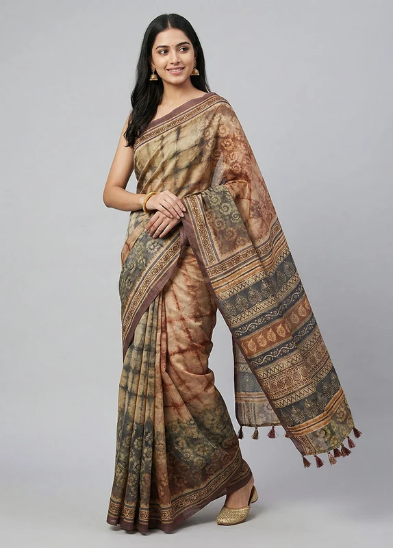 Multicolor Dupion Silk Saree With Blouse Piece One Size
