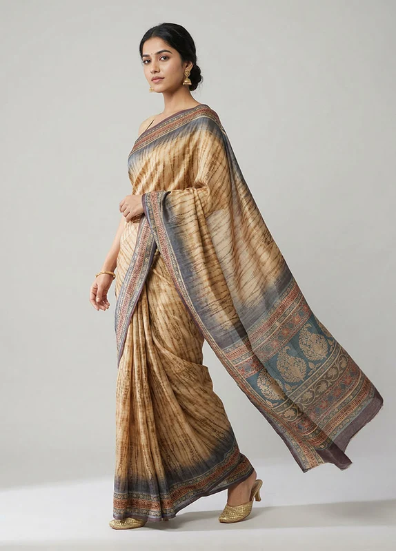 Grey Dupion Silk Saree With Blouse Piece One Size