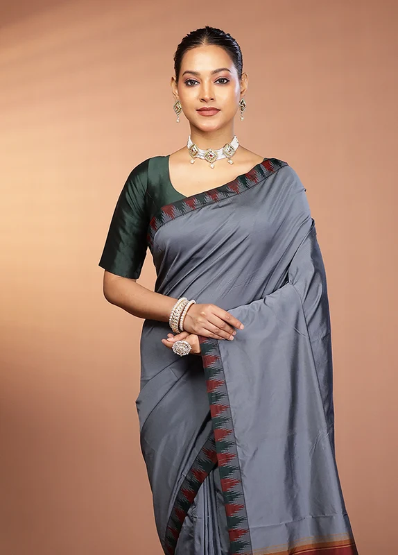 Grey Kanjivaram Silk Saree With Blouse Piece One Size