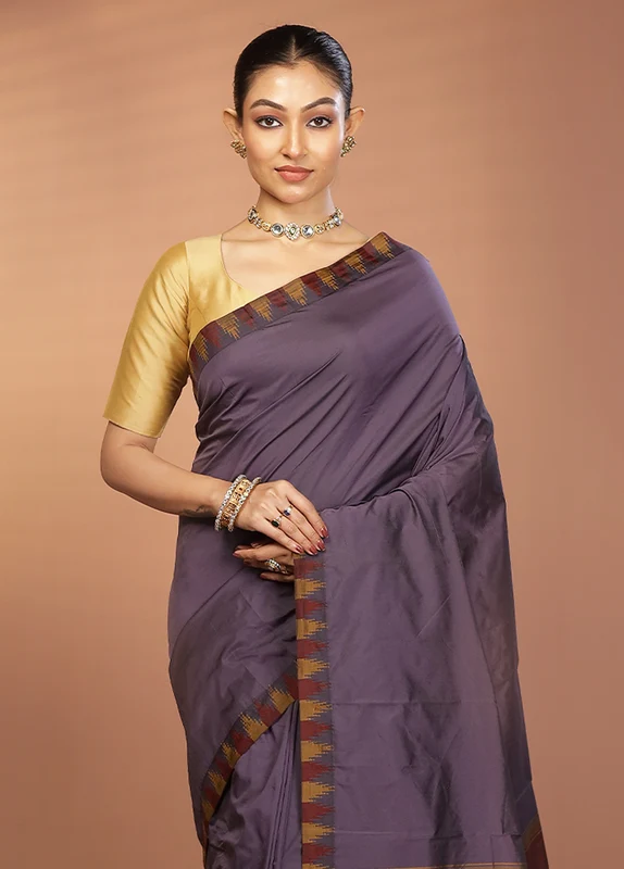 Purple Kanjivaram Silk Saree With Blouse Piece One Size