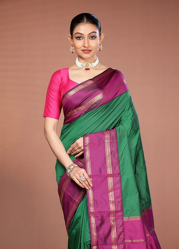 Green Kanjivaram Silk Saree With Blouse Piece One Size