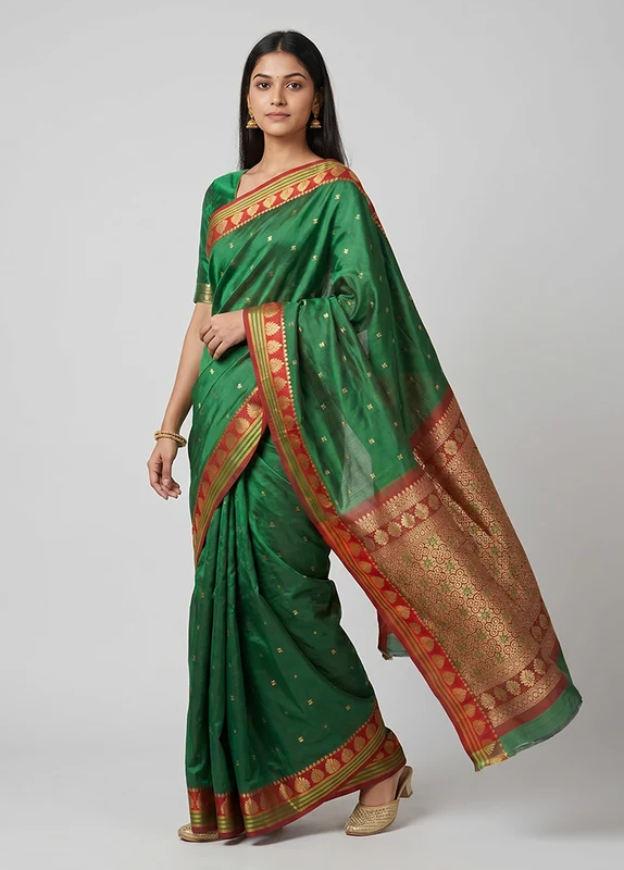 Green Kanjivaram Silk Saree With Blouse Piece One Size