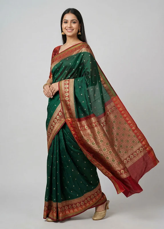 Green Kanjivaram Silk Saree With Blouse Piece One Size