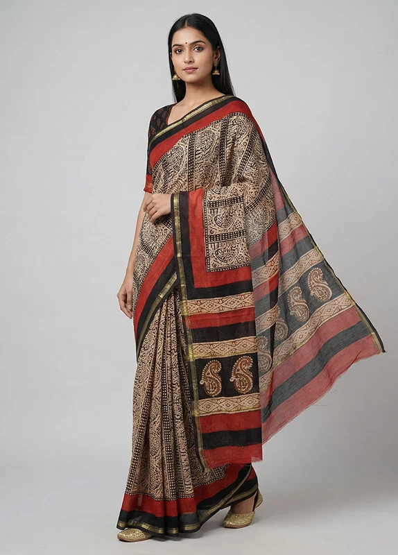Cream Chanderi Silk Saree With Blouse Piece One Size