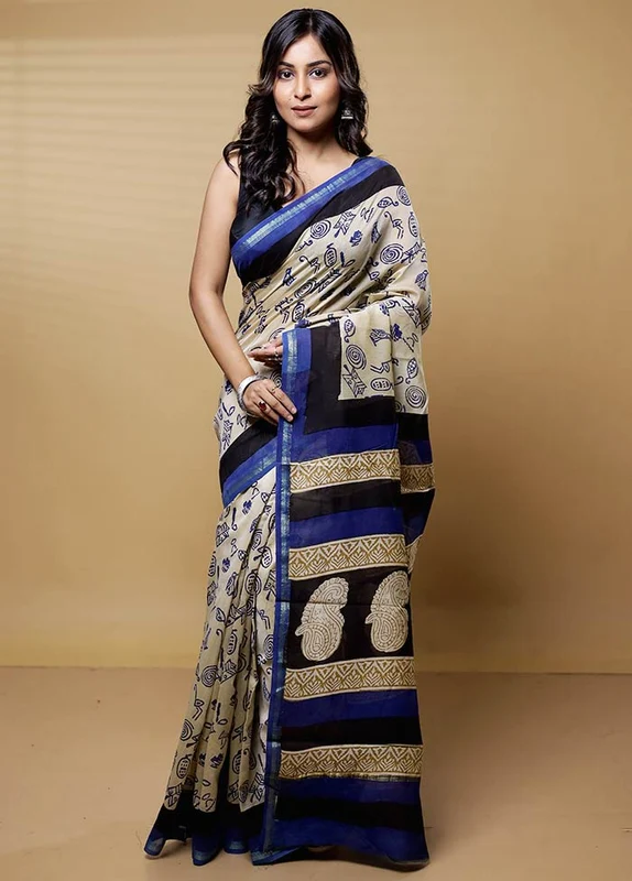 Cream Chanderi Cotton Saree With Blouse Piece Onesize