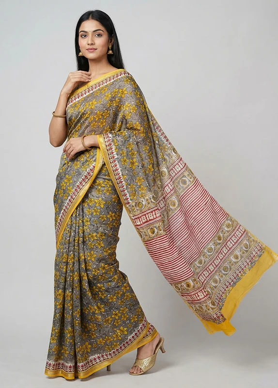 White Chanderi Silk Saree With Blouse Piece One Size