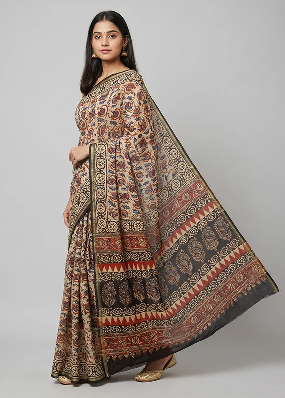 Cream Chanderi Silk Saree With Blouse Piece One Size