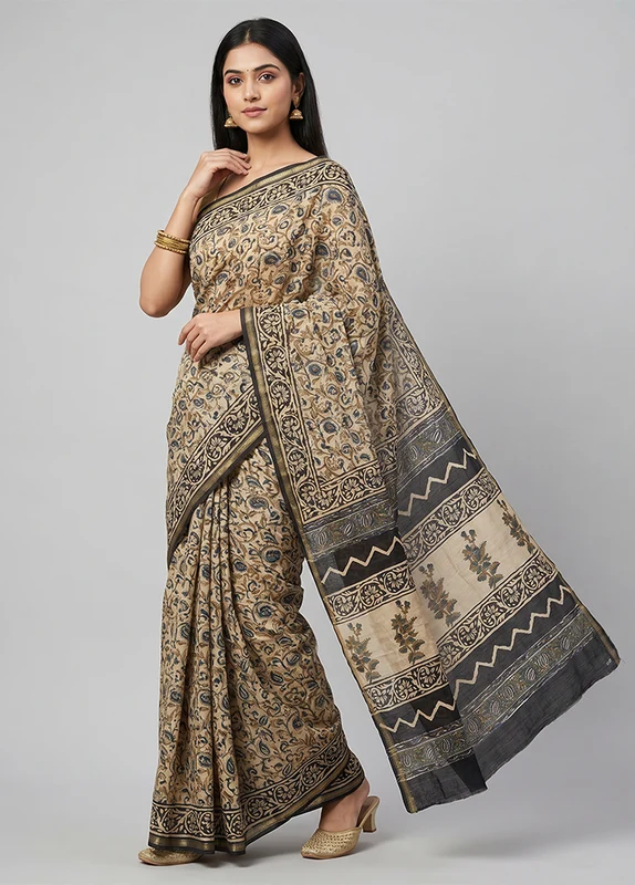 Cream Chanderi Silk Saree With Blouse Piece One Size