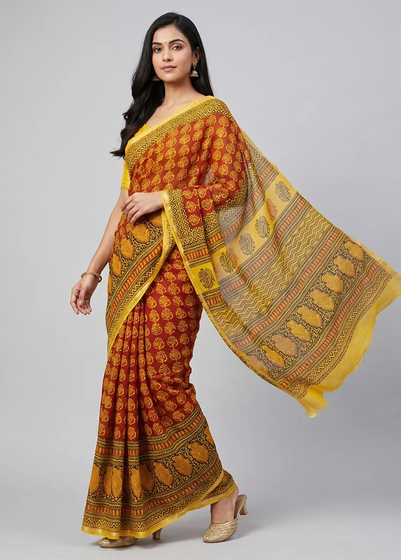 Yellow Chanderi Silk Saree With Blouse Piece One Size