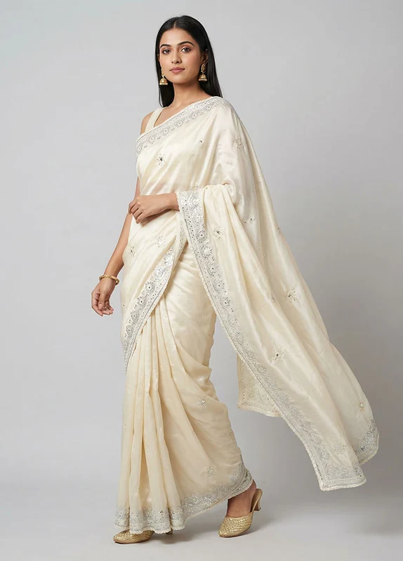 Cream Georgette Saree With Blouse Piece One Size