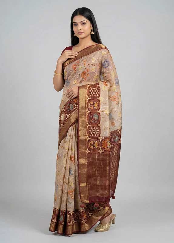 Maroon Dupion Silk Saree With Blouse Piece One Size