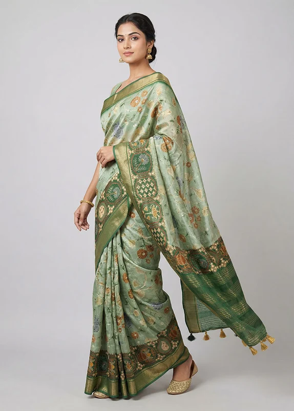 Green Dupion Silk Saree With Blouse Piece One Size