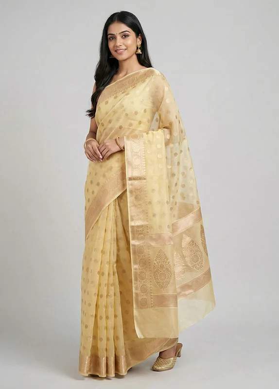 Cream Organza Saree With Blouse Piece One Size