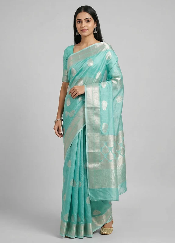 Green Organza Saree With Blouse Piece One Size