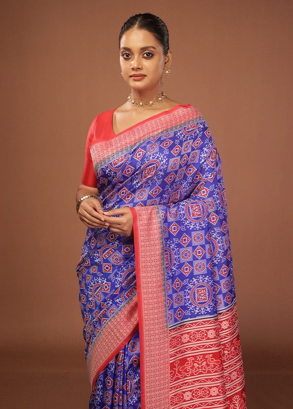 Blue Bomkai Silk Saree Without Blouse Piece One Size