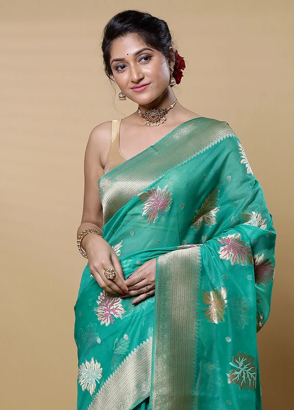 Green Organza Saree With Blouse Piece Onesize