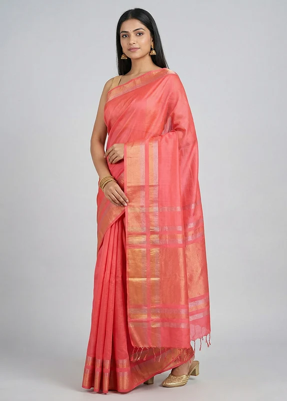Pink Handloom Kanchipuram Pure Silk Saree With Blouse Piece One Size