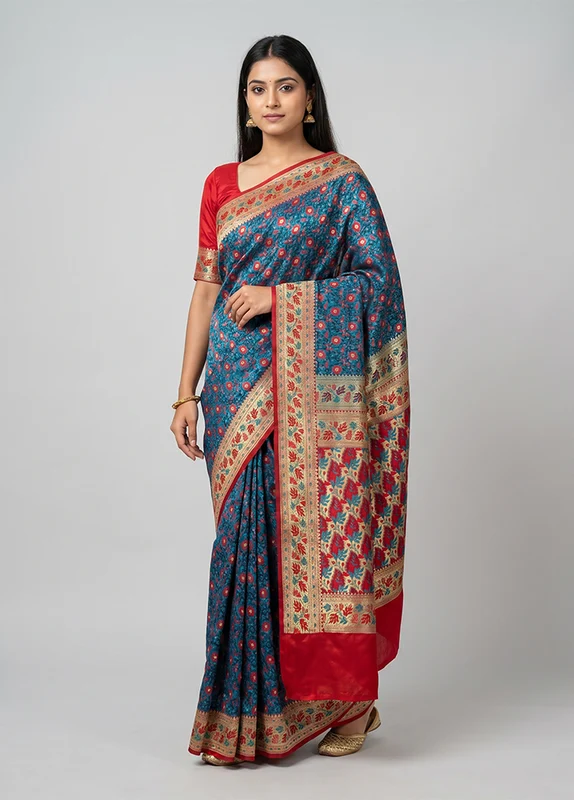 Blue Tanchoi Silk Saree With Blouse Piece One Size