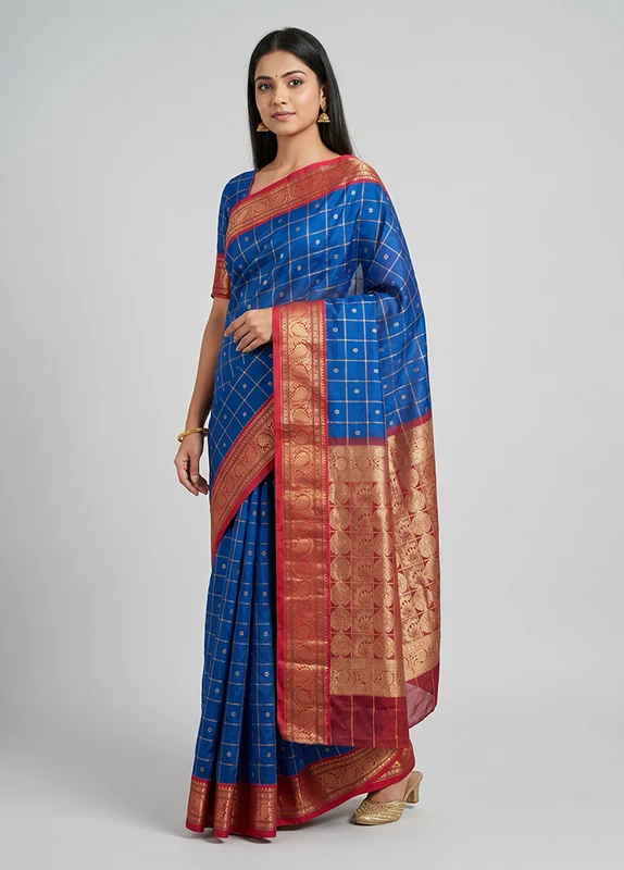 Blue Kanjivaram Silk Saree With Blouse Piece One Size