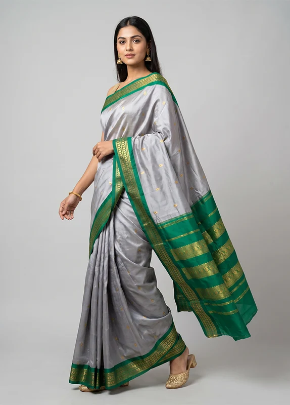 Grey Kanjivaram Silk Saree With Blouse Piece One Size