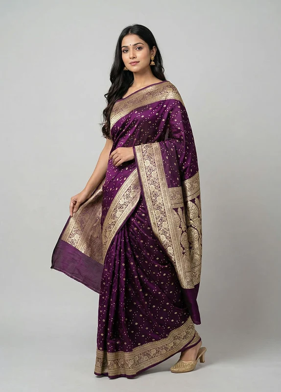 Purple Handloom Banarasi Pure Silk Saree With Blouse Piece One Size