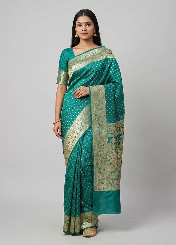 Green Handloom Banarasi Pure Silk Saree With Blouse Piece One Size