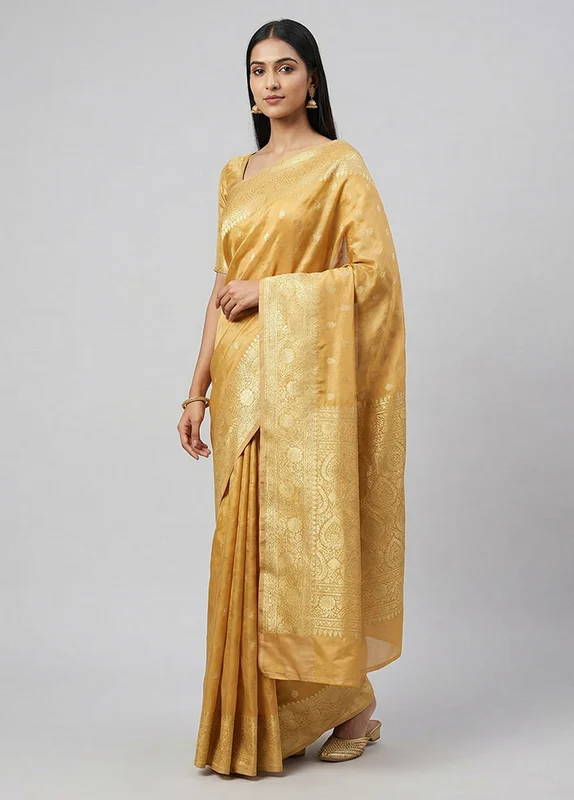 Cream Handloom Banarasi Pure Silk Saree With Blouse Piece One Size