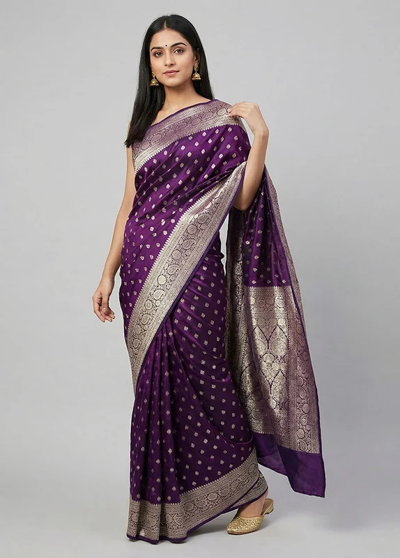 Purple Handloom Banarasi Pure Silk Saree With Blouse Piece One Size