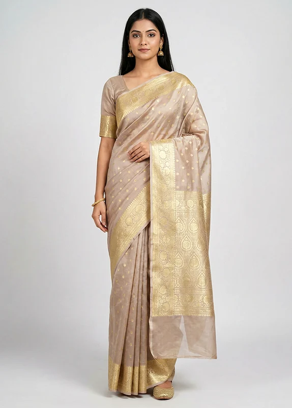 Cream Handloom Banarasi Pure Silk Saree With Blouse Piece One Size