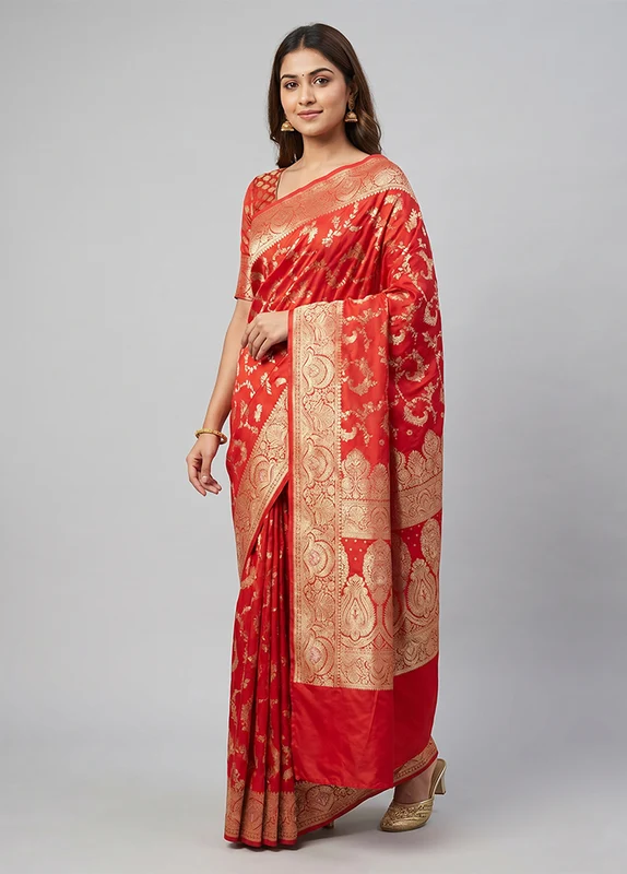 Red Uppada Silk Saree With Blouse Piece One Size