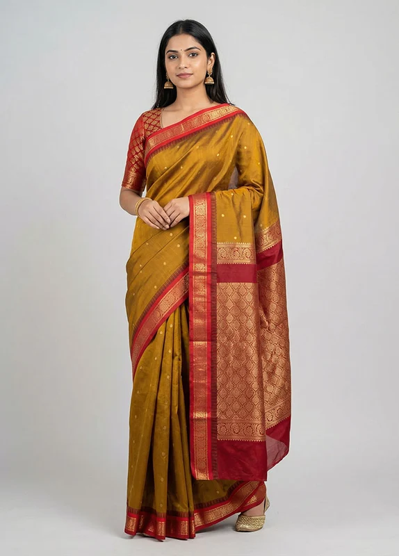 Yellow Handloom Kanjivaram Pure Silk Saree With Blouse Piece One Size